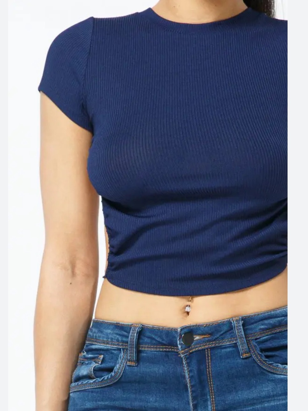 YITTY Navy Ribbed UltraLuxe Navy Cropped Tee - Women's NWT Size L
